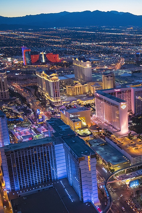 Aerial view of illuminated cityscape, Las Vegas, Nevada, United States